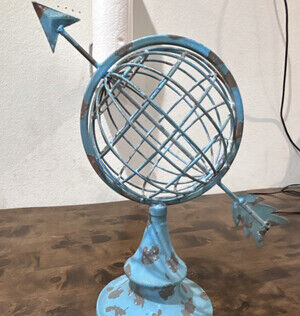 Blue Brown Metal Armillary Sphere Decorative Collectible with Distressed Finish